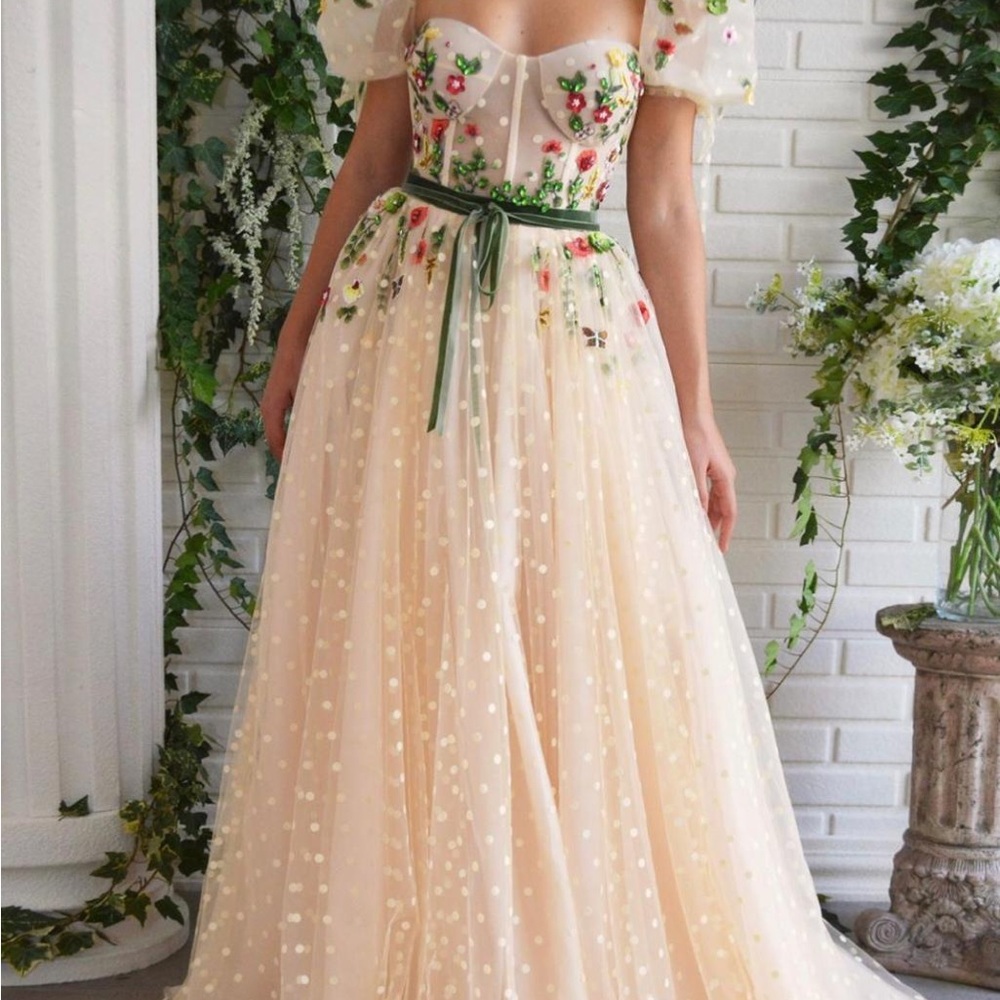 Teuta Matoshi Cream Floral Gown - Prom Wedding Black Tie Special Event